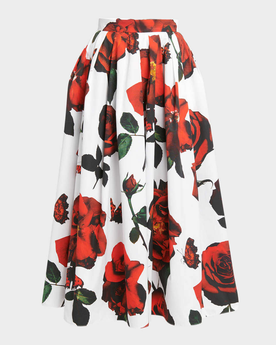 Rose-Print Pleated Midi Skirt